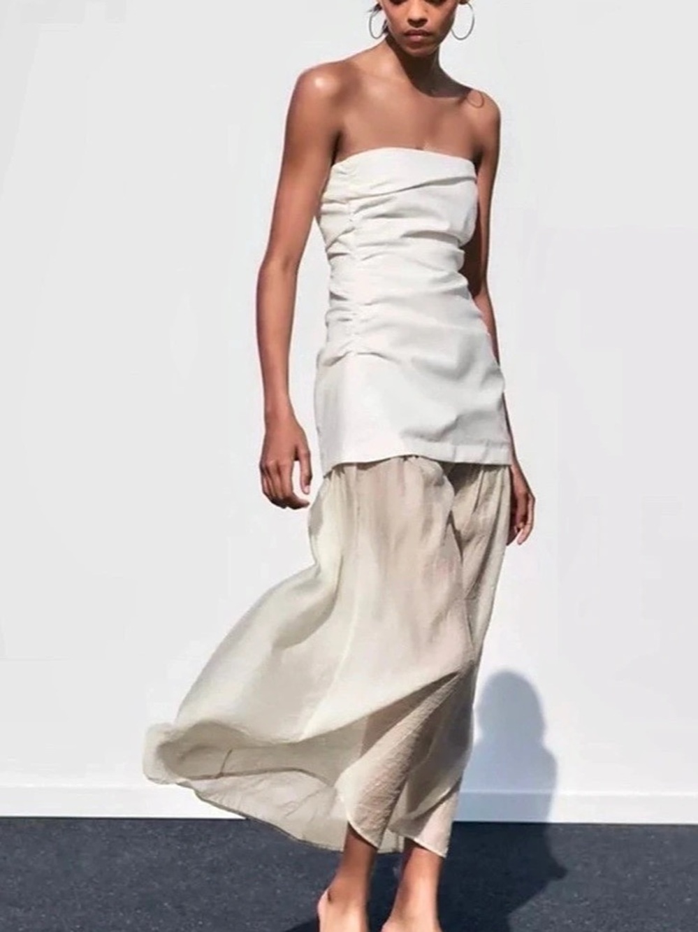 ZARA Ruched White & Cream Midi Dress Size Small NWT